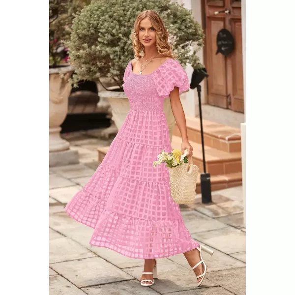 imagePRETTYGARDEN Womens Casual Summer Midi Dress Puffy Short Sleeve Square Neck Smocked Tiered Ruffle DressesPlaid Pink