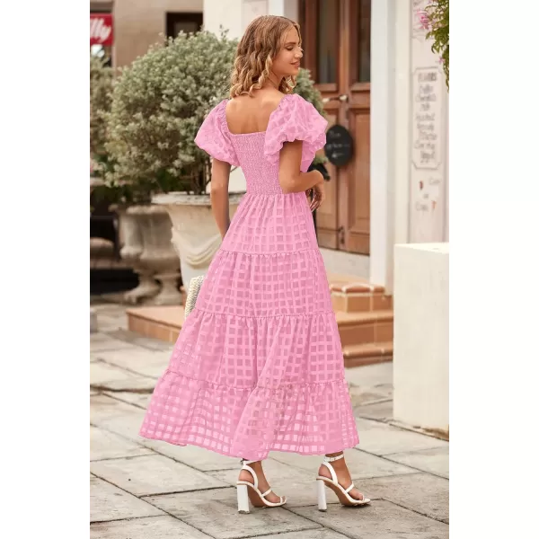 imagePRETTYGARDEN Womens Casual Summer Midi Dress Puffy Short Sleeve Square Neck Smocked Tiered Ruffle DressesPlaid Pink