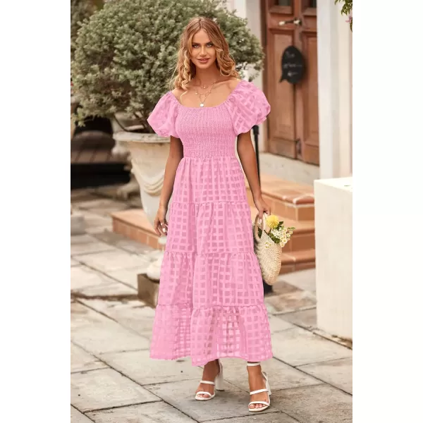imagePRETTYGARDEN Womens Casual Summer Midi Dress Puffy Short Sleeve Square Neck Smocked Tiered Ruffle DressesPlaid Pink