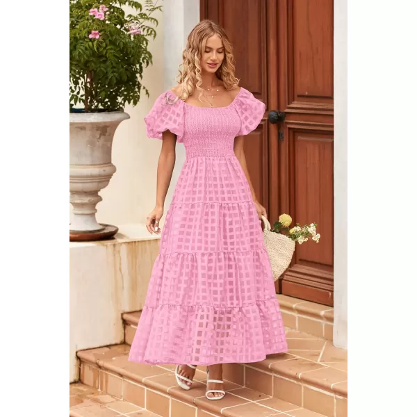 imagePRETTYGARDEN Womens Casual Summer Midi Dress Puffy Short Sleeve Square Neck Smocked Tiered Ruffle DressesPlaid Pink