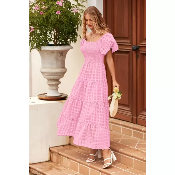 imagePRETTYGARDEN Womens Casual Summer Midi Dress Puffy Short Sleeve Square Neck Smocked Tiered Ruffle DressesPlaid Pink