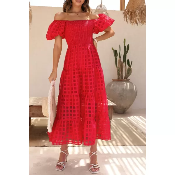 imagePRETTYGARDEN Womens Casual Summer Midi Dress Puffy Short Sleeve Square Neck Smocked Tiered Ruffle DressesPlaid Red