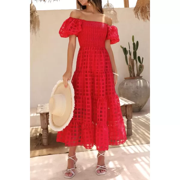 imagePRETTYGARDEN Womens Casual Summer Midi Dress Puffy Short Sleeve Square Neck Smocked Tiered Ruffle DressesPlaid Red