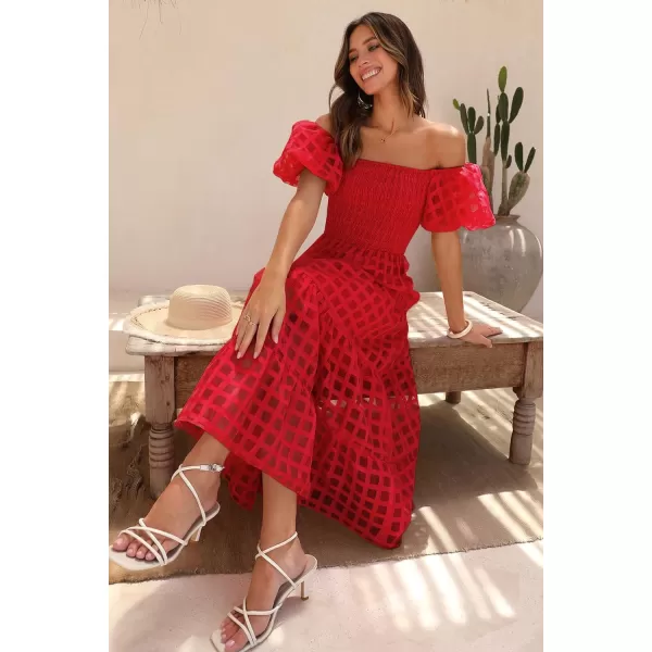imagePRETTYGARDEN Womens Casual Summer Midi Dress Puffy Short Sleeve Square Neck Smocked Tiered Ruffle DressesPlaid Red
