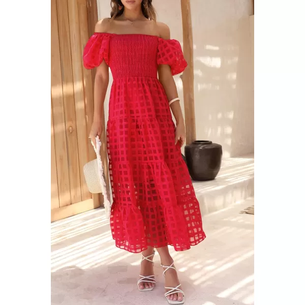imagePRETTYGARDEN Womens Casual Summer Midi Dress Puffy Short Sleeve Square Neck Smocked Tiered Ruffle DressesPlaid Red
