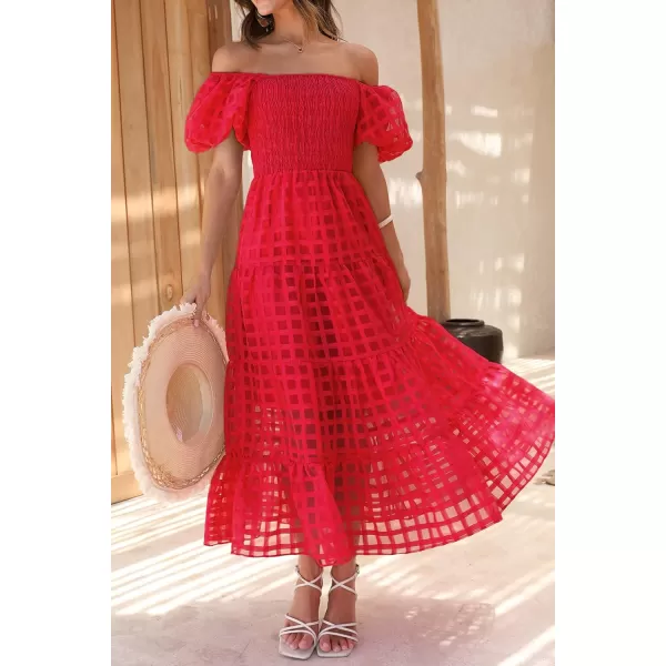 imagePRETTYGARDEN Womens Casual Summer Midi Dress Puffy Short Sleeve Square Neck Smocked Tiered Ruffle DressesPlaid Red