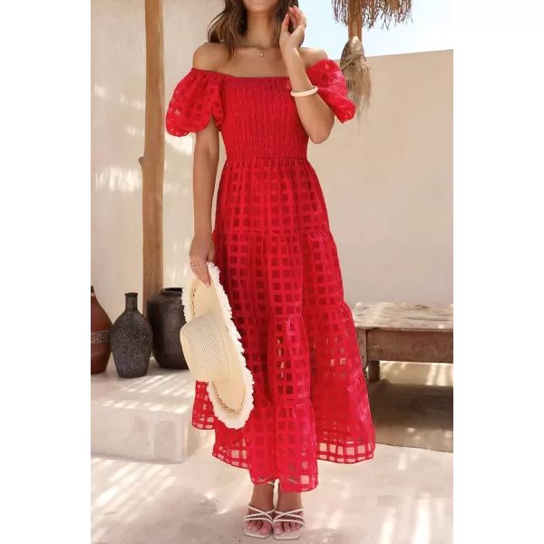 imagePRETTYGARDEN Womens Casual Summer Midi Dress Puffy Short Sleeve Square Neck Smocked Tiered Ruffle DressesPlaid Red