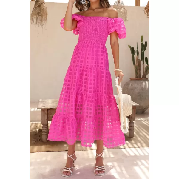 imagePRETTYGARDEN Womens Casual Summer Midi Dress Puffy Short Sleeve Square Neck Smocked Tiered Ruffle DressesPlaid Rose Red