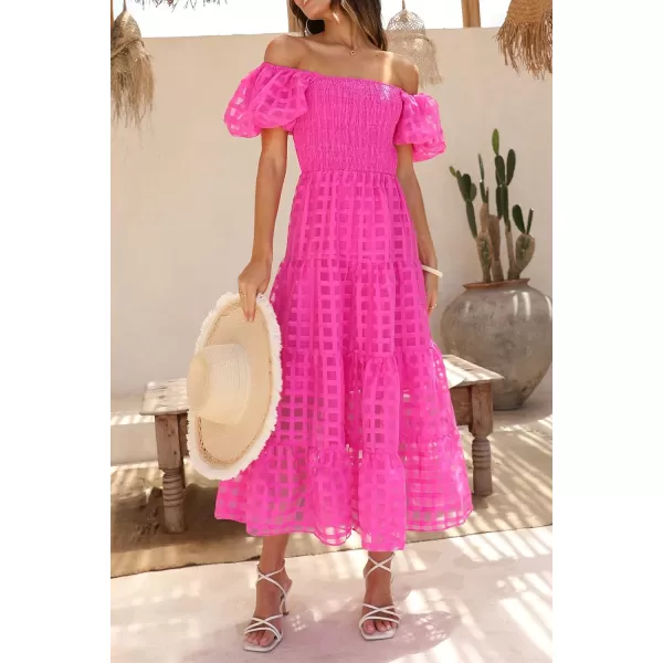 imagePRETTYGARDEN Womens Casual Summer Midi Dress Puffy Short Sleeve Square Neck Smocked Tiered Ruffle DressesPlaid Rose Red