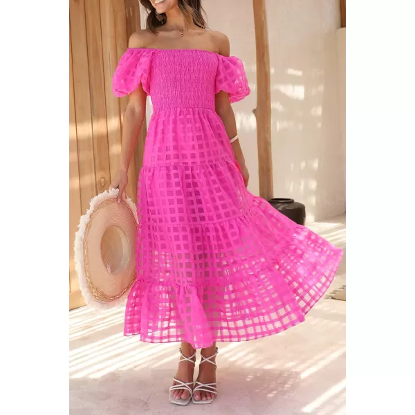 imagePRETTYGARDEN Womens Casual Summer Midi Dress Puffy Short Sleeve Square Neck Smocked Tiered Ruffle DressesPlaid Rose Red