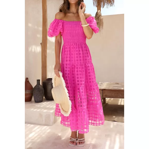 imagePRETTYGARDEN Womens Casual Summer Midi Dress Puffy Short Sleeve Square Neck Smocked Tiered Ruffle DressesPlaid Rose Red