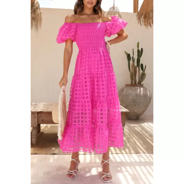 imagePRETTYGARDEN Womens Casual Summer Midi Dress Puffy Short Sleeve Square Neck Smocked Tiered Ruffle DressesPlaid Rose Red