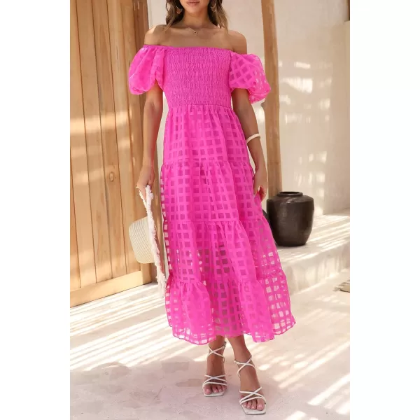 imagePRETTYGARDEN Womens Casual Summer Midi Dress Puffy Short Sleeve Square Neck Smocked Tiered Ruffle DressesPlaid Rose Red