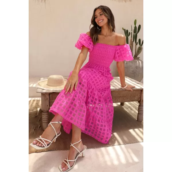 imagePRETTYGARDEN Womens Casual Summer Midi Dress Puffy Short Sleeve Square Neck Smocked Tiered Ruffle DressesPlaid Rose Red