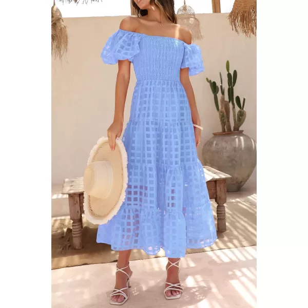imagePRETTYGARDEN Womens Casual Summer Midi Dress Puffy Short Sleeve Square Neck Smocked Tiered Ruffle DressesPlaid Sky Blue