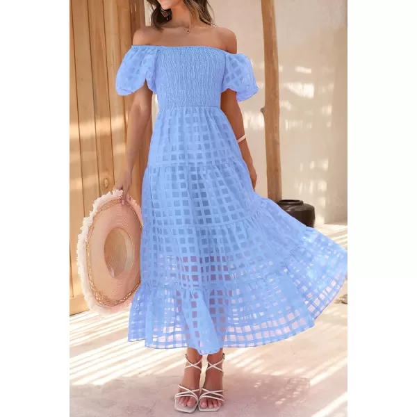 imagePRETTYGARDEN Womens Casual Summer Midi Dress Puffy Short Sleeve Square Neck Smocked Tiered Ruffle DressesPlaid Sky Blue