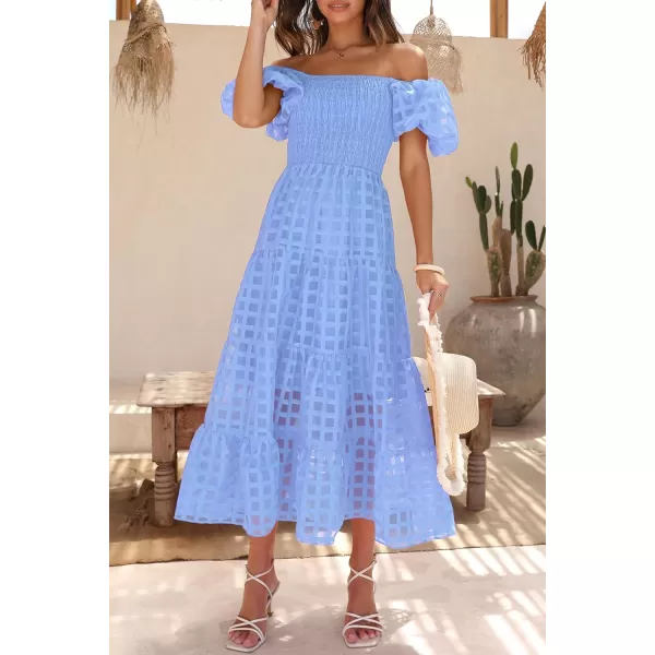 imagePRETTYGARDEN Womens Casual Summer Midi Dress Puffy Short Sleeve Square Neck Smocked Tiered Ruffle DressesPlaid Sky Blue