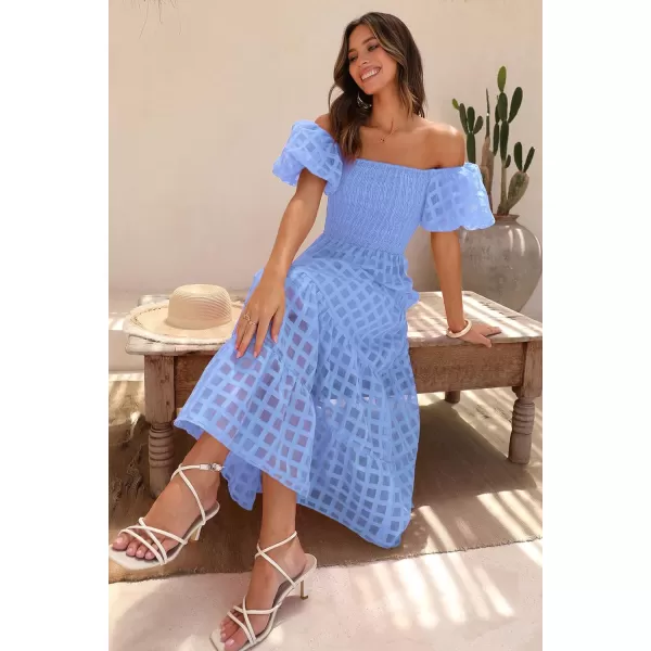 imagePRETTYGARDEN Womens Casual Summer Midi Dress Puffy Short Sleeve Square Neck Smocked Tiered Ruffle DressesPlaid Sky Blue