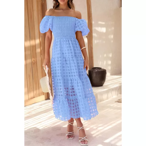 imagePRETTYGARDEN Womens Casual Summer Midi Dress Puffy Short Sleeve Square Neck Smocked Tiered Ruffle DressesPlaid Sky Blue
