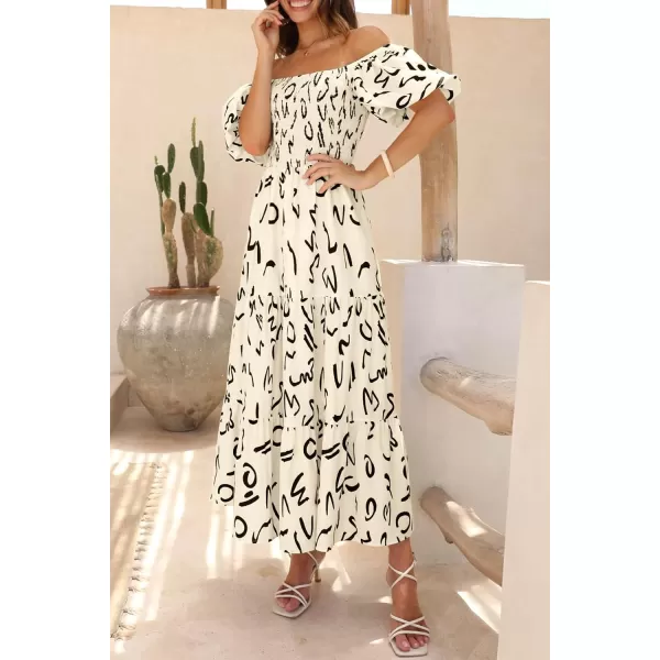 imagePRETTYGARDEN Womens Casual Summer Midi Dress Puffy Short Sleeve Square Neck Smocked Tiered Ruffle DressesPrint Apricot