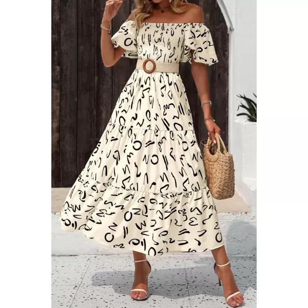 imagePRETTYGARDEN Womens Casual Summer Midi Dress Puffy Short Sleeve Square Neck Smocked Tiered Ruffle DressesPrint Apricot
