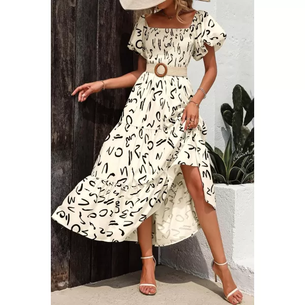 imagePRETTYGARDEN Womens Casual Summer Midi Dress Puffy Short Sleeve Square Neck Smocked Tiered Ruffle DressesPrint Apricot