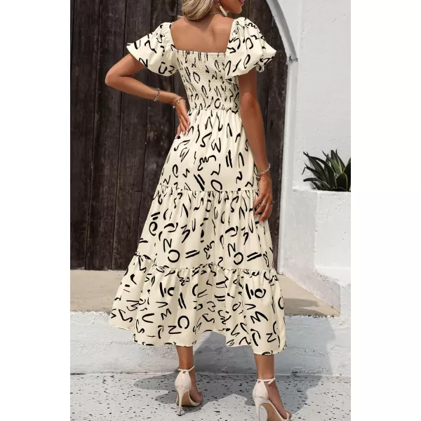 imagePRETTYGARDEN Womens Casual Summer Midi Dress Puffy Short Sleeve Square Neck Smocked Tiered Ruffle DressesPrint Apricot
