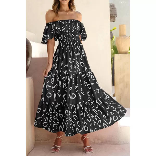 imagePRETTYGARDEN Womens Casual Summer Midi Dress Puffy Short Sleeve Square Neck Smocked Tiered Ruffle DressesPrint Black