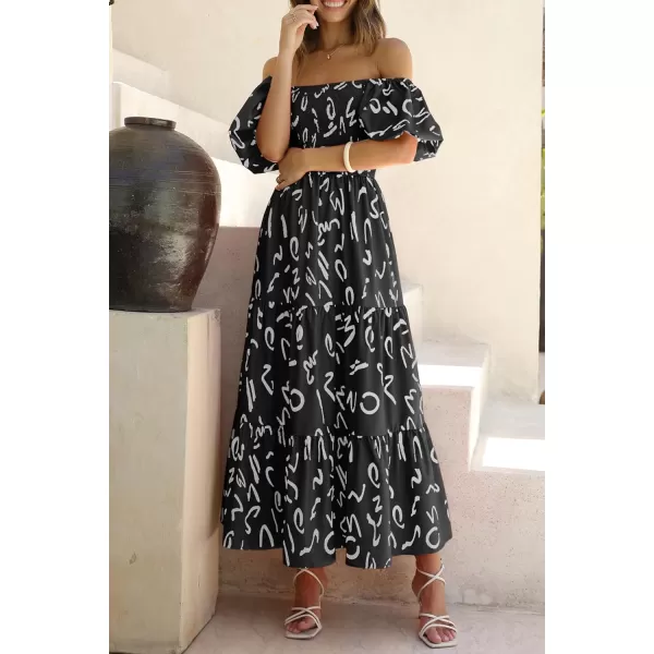 imagePRETTYGARDEN Womens Casual Summer Midi Dress Puffy Short Sleeve Square Neck Smocked Tiered Ruffle DressesPrint Black