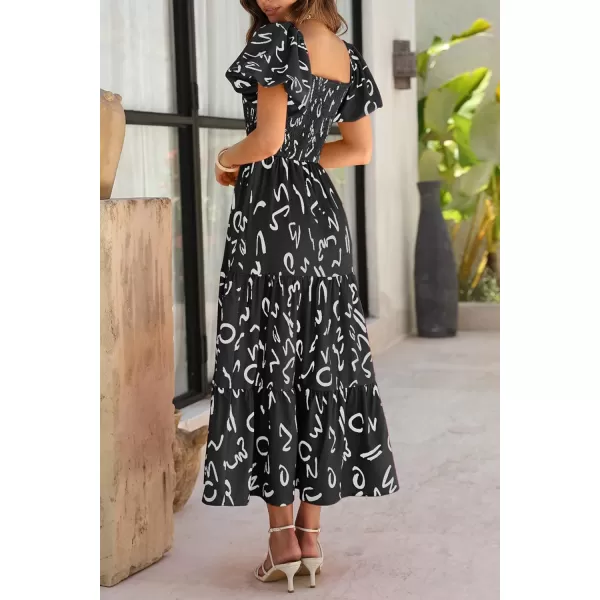 imagePRETTYGARDEN Womens Casual Summer Midi Dress Puffy Short Sleeve Square Neck Smocked Tiered Ruffle DressesPrint Black