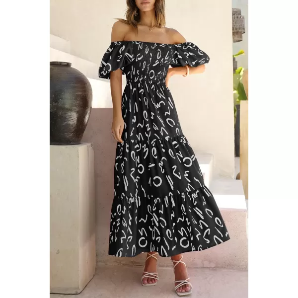 imagePRETTYGARDEN Womens Casual Summer Midi Dress Puffy Short Sleeve Square Neck Smocked Tiered Ruffle DressesPrint Black