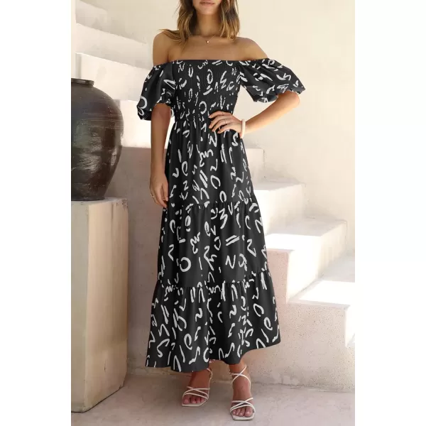 imagePRETTYGARDEN Womens Casual Summer Midi Dress Puffy Short Sleeve Square Neck Smocked Tiered Ruffle DressesPrint Black