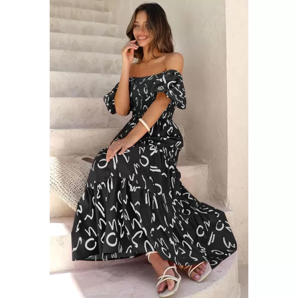 imagePRETTYGARDEN Womens Casual Summer Midi Dress Puffy Short Sleeve Square Neck Smocked Tiered Ruffle DressesPrint Black