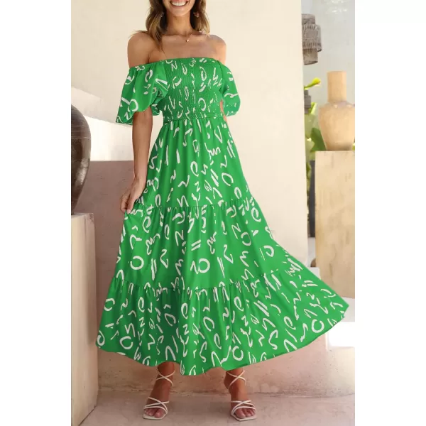 imagePRETTYGARDEN Womens Casual Summer Midi Dress Puffy Short Sleeve Square Neck Smocked Tiered Ruffle DressesPrint Green