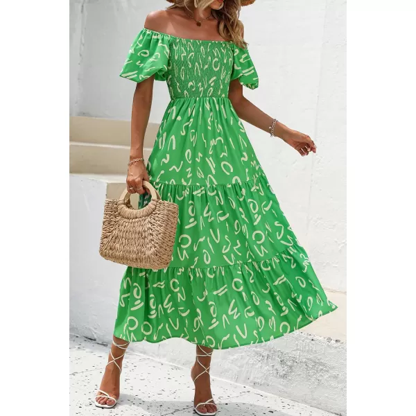 imagePRETTYGARDEN Womens Casual Summer Midi Dress Puffy Short Sleeve Square Neck Smocked Tiered Ruffle DressesPrint Green
