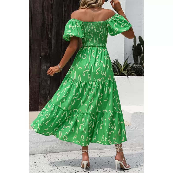 imagePRETTYGARDEN Womens Casual Summer Midi Dress Puffy Short Sleeve Square Neck Smocked Tiered Ruffle DressesPrint Green