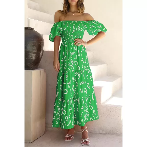 imagePRETTYGARDEN Womens Casual Summer Midi Dress Puffy Short Sleeve Square Neck Smocked Tiered Ruffle DressesPrint Green