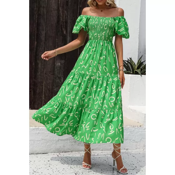 imagePRETTYGARDEN Womens Casual Summer Midi Dress Puffy Short Sleeve Square Neck Smocked Tiered Ruffle DressesPrint Green