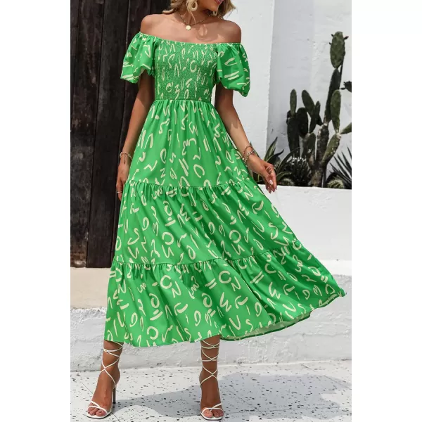 imagePRETTYGARDEN Womens Casual Summer Midi Dress Puffy Short Sleeve Square Neck Smocked Tiered Ruffle DressesPrint Green