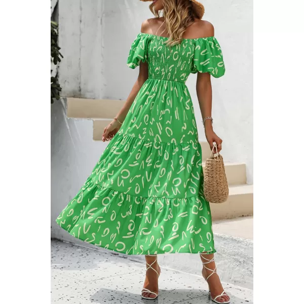 imagePRETTYGARDEN Womens Casual Summer Midi Dress Puffy Short Sleeve Square Neck Smocked Tiered Ruffle DressesPrint Green