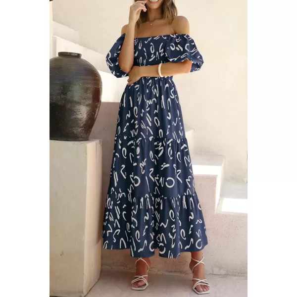 imagePRETTYGARDEN Womens Casual Summer Midi Dress Puffy Short Sleeve Square Neck Smocked Tiered Ruffle DressesPrint Navy