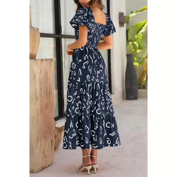 imagePRETTYGARDEN Womens Casual Summer Midi Dress Puffy Short Sleeve Square Neck Smocked Tiered Ruffle DressesPrint Navy