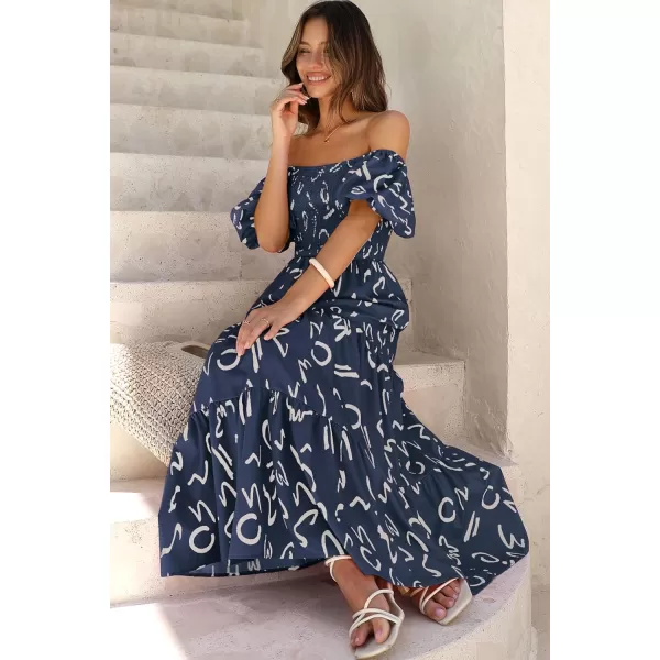 imagePRETTYGARDEN Womens Casual Summer Midi Dress Puffy Short Sleeve Square Neck Smocked Tiered Ruffle DressesPrint Navy