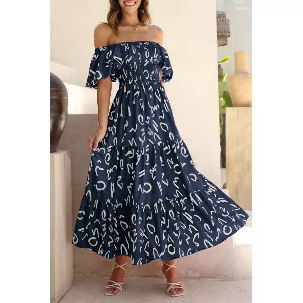 imagePRETTYGARDEN Womens Casual Summer Midi Dress Puffy Short Sleeve Square Neck Smocked Tiered Ruffle DressesPrint Navy
