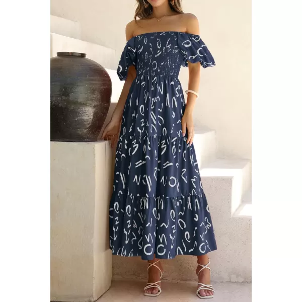 imagePRETTYGARDEN Womens Casual Summer Midi Dress Puffy Short Sleeve Square Neck Smocked Tiered Ruffle DressesPrint Navy