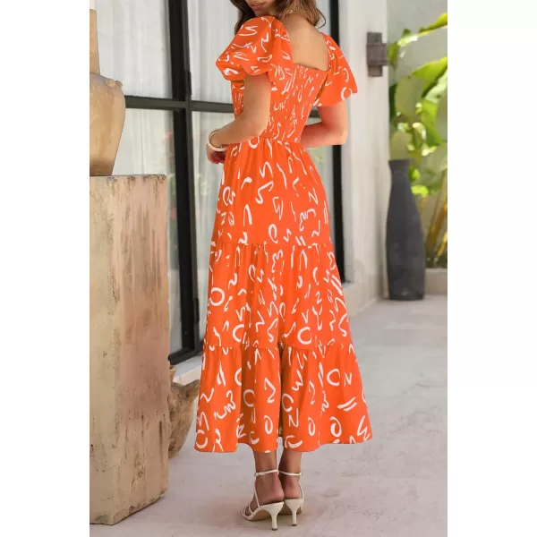 imagePRETTYGARDEN Womens Casual Summer Midi Dress Puffy Short Sleeve Square Neck Smocked Tiered Ruffle DressesPrint Orange
