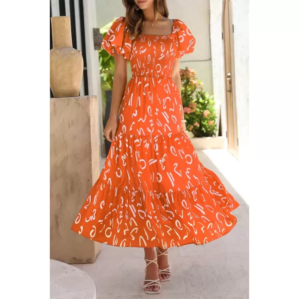 imagePRETTYGARDEN Womens Casual Summer Midi Dress Puffy Short Sleeve Square Neck Smocked Tiered Ruffle DressesPrint Orange