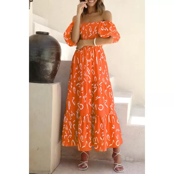 imagePRETTYGARDEN Womens Casual Summer Midi Dress Puffy Short Sleeve Square Neck Smocked Tiered Ruffle DressesPrint Orange