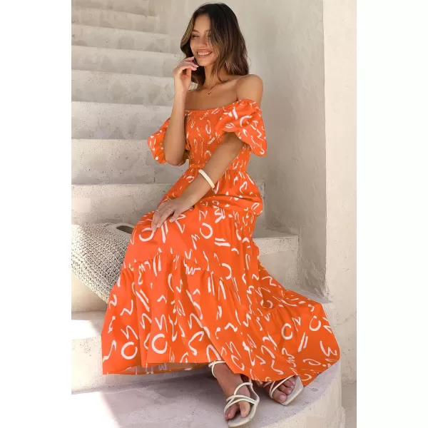 imagePRETTYGARDEN Womens Casual Summer Midi Dress Puffy Short Sleeve Square Neck Smocked Tiered Ruffle DressesPrint Orange