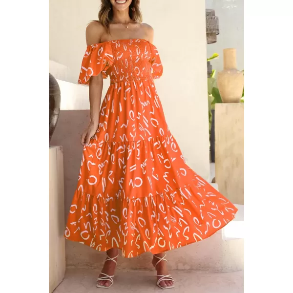 imagePRETTYGARDEN Womens Casual Summer Midi Dress Puffy Short Sleeve Square Neck Smocked Tiered Ruffle DressesPrint Orange